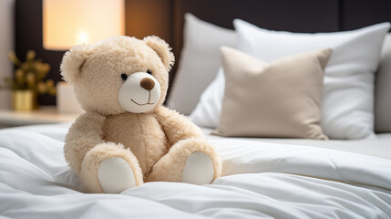 Adorable beige teddy bear, sitting in white bed