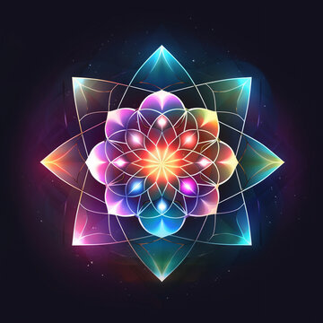 Logo, vortex graph, polygonal vector, astrology, mystical atmosphere, quantity, iridescent, colorful, geometric line, tokenized, black background to begin crystal healing and chakra opening experience