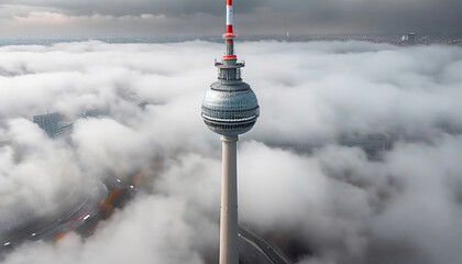 Bird's-eye View of the Television Tower Piercing Through the Clouds in Berlin