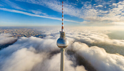 Bird's-eye View of the Television Tower Piercing Through the Clouds in Berlin - obrazy, fototapety, plakaty