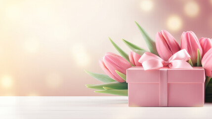 Pink flowers bouquet. Spring tulips with gift box over pastel colored background