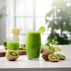 A kiwi smoothie in a glass, situated in a light, airy kitchen with daylight streaming in. Generated AI