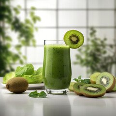 A kiwi smoothie in a glass, situated in a light, airy kitchen with daylight streaming in. Generated AI