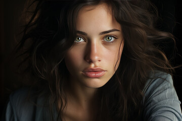 Portrait of a beautiful young brunette woman with green eyes - 693430621