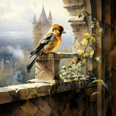 Watercolor artwork of a goldfinch perched on the window ledge of a medieval castle tower, overlooking a picturesque landscape below. Generated AI