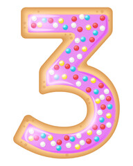 Festive cookie in the shape of the number three decorated with pink confectionery icing and colored sprinkles. Sweet cake for birthday, anniversary, party
