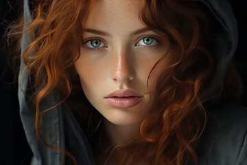 Portrait of a beautiful young red-haired woman with green eyes - 693430690
