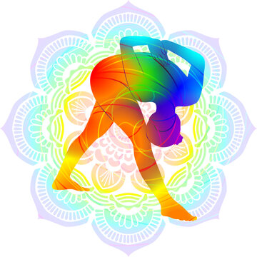 Colorful silhouette of yoga. Parshvottanasana. Pyramid pose or Intense Side Stretch pose. Isolated vector illustration on Mandala background.