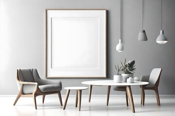 Fototapeta na wymiar Blank picture frame mockup on gray wall. White living room design. View of modern scandinavian style interior with artwork mock up on wall