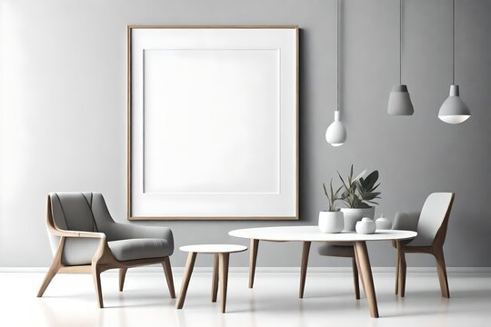 Blank picture frame mockup on gray wall. White living room design. View of modern scandinavian style interior with artwork mock up on wall
