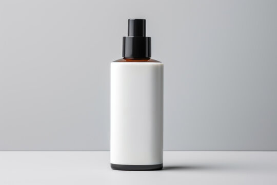 Mockup photo featuring a single cosmetic bottle with a plain white label, showcasing the simplicity and elegance of the product design
