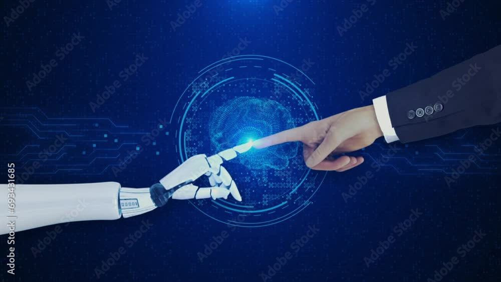 Poster next generation technology digital ai, machine learning. 3d 4k hands touching big data network conne