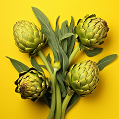 Fototapeta premium Artichokes on a yellow background.