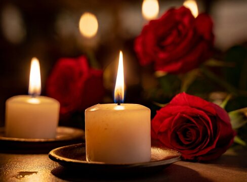 Candles and roses closeup photography. Valentine's Day, or anniversary date celebration concept. Romantic scene.