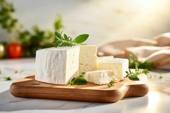 Cutting board with tasty feta cheese and herbs on table in kitchen