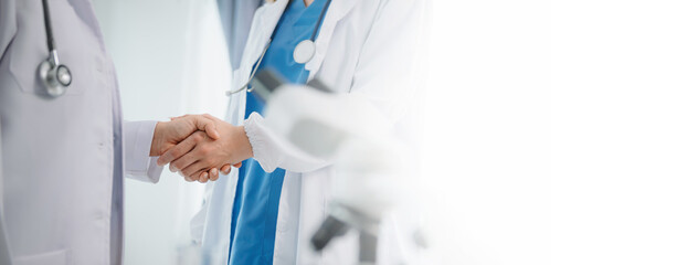 Doctor handshake and partnership in healthcare, medicine or trust for collaboration, unity or...