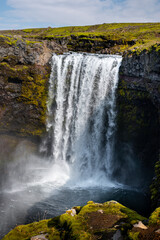 Long exposure view of famous waterfalls of river Skógá. Skógafoss. Magnificent Iceland in august. Fimmvörðuháls Hiking Trail. Popular Travel destinations. 