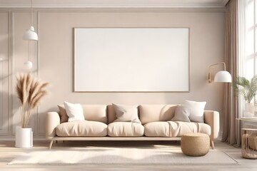 Fototapeta na wymiar Blank horizontal poster frame mock up in scandinavian style living room interior, modern living room interior background, 
