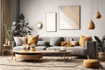 Mockup poster in the living room, the yellow sofa in bohemian style, 