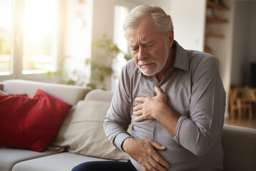 An elderly man in pain holds his chest, indicating potential heart failure and the need for medical attention.