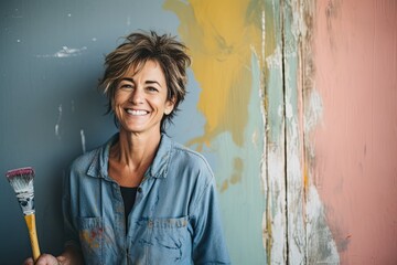 Cheerful and confident elderly woman artist with a brush in her hand against the background of a wall, standing on the street, radiating happiness and positive energy, with a charming smile.