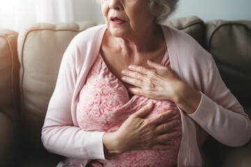 An older woman experiences chest pain, which reflects potential health problems and the need for medical attention at home. - obrazy, fototapety, plakaty