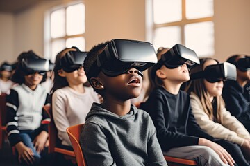 Students in the classroom use virtual reality technology for an educational and immersive learning experience under the guidance of their teacher. - Powered by Adobe