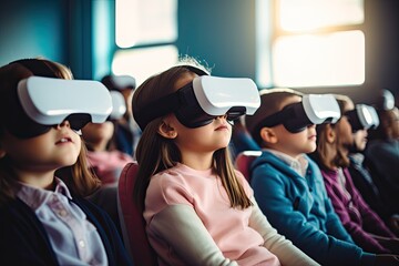 A group of students in a classroom uses virtual reality technology for an educational and interactive experience.