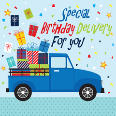happy birthday card with car and gifts