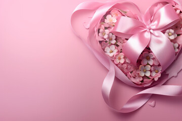 Pink ribbon in the form of a heart with flowers on a pink background. Copy space