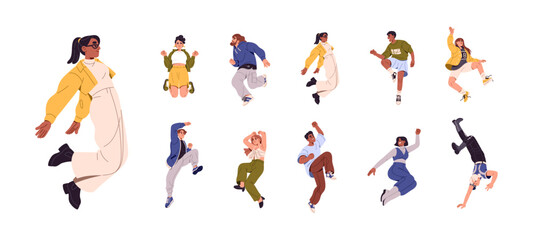 Happy people jump set. Young men and women dancing, rejoice, celebrate success. Different cheerful teens, girls, boys with positive emotions. Happiness. Flat isolated vector illustration on white