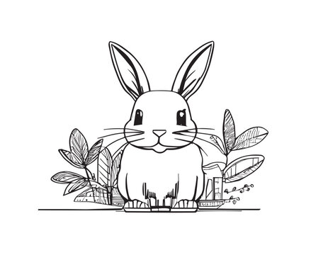 Hand drawn rabbit cute coloring book illustration