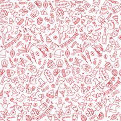Cute Christmas seamless pattern. Vector hand-drawn illustration in doodle style. New Year's gifts, Christmas balls, twigs, garlands, stars, festive confetti. Perfect for wrapping paper, packaging.