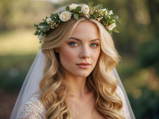 Gorgeous blonde pride wearing wedding dress and floral crown over her head. Young woman in a wedding dress outdoor.