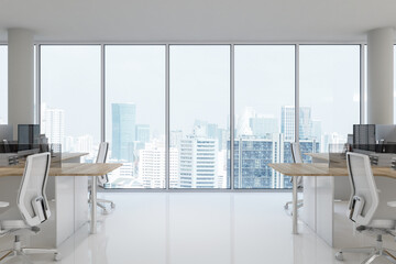 Fototapeta na wymiar Minimal style white office with city view 3d render,There are white floor furnished with white chair and wooden table large windows overliooking cityscape outside.