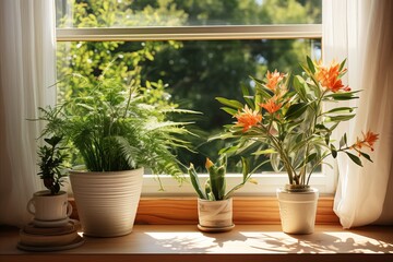 Window with green house plant in flower pots on the windowsill, summer landscape view from the window.