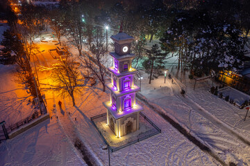 Clock tower in Erzincan Province snow gold and night exposure, Turkey
