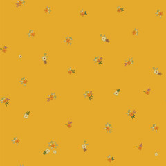 Floral vector seamless hand-drawn pattern. Very small flowers in warm colors. Nostalgic fashion textiles in retro style on a dark yellow background.