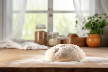 Bread dough on wooden table in kitchen. Bakery products background