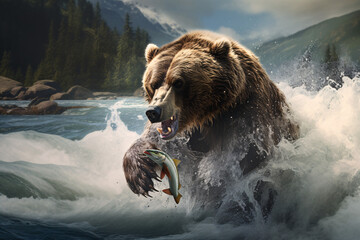 A grizzly bear catching salmon in a river in Alaska - obrazy, fototapety, plakaty
