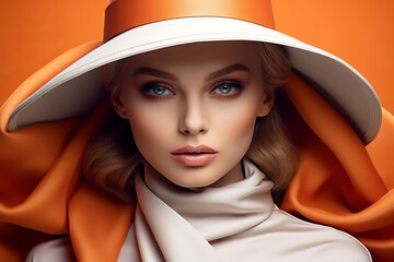 Fashionable blonde woman in hat and scarf on orange background. Beauty, fashion.