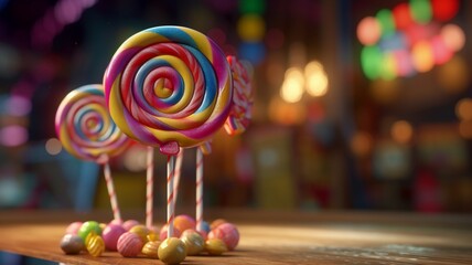 colorful lollipop on a wooden background.  generative ai