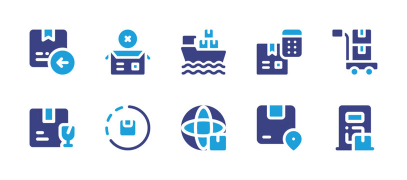 Logistics icon set. Duotone color. Vector illustration. Containing return box, cargo ship, trolley, box, shipping cost, fragile parcel, global shipping, home delivery, loading, location.