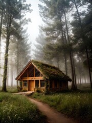 Empty Wooden Organic House in The Misty Forest with Small Road Landscape