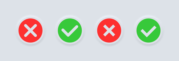 Check mark and cross icons. Flat, red cross, green checkmark, checkmark and cross icons. Vector icons
