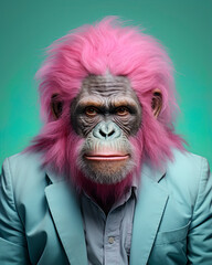 Monkey with pink hair wearing a pastel colored suit. Generative Ai