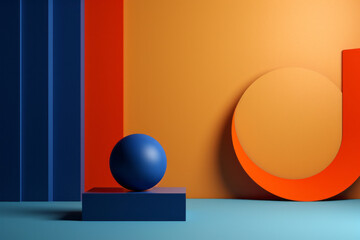 abstract minimal background, primitive geometrical figures, blue and orange, podium for product presentation