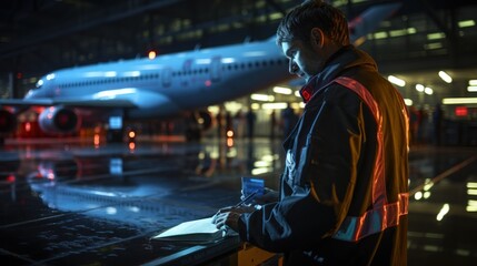 dedicated airport ground crew member reviews documents on the tarmac, with a commercial airliner illuminated in the background during nighttime operations.