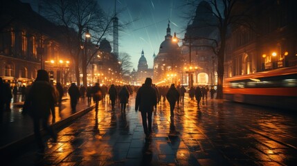 Commuters traverse a rain-slicked boulevard under the glow of street lamps, with the city's...