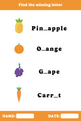 Find the missing letter. Educational spelling game for kids. Brain teaser for children. Printable worksheet design.